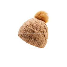 Girl's Knitted Cable Faux Fur Pompom Beanie Cap